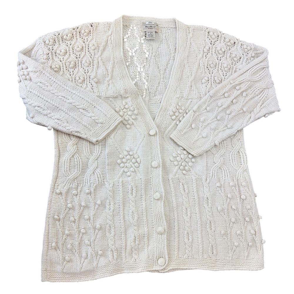 Vtg 90s Yarnworks Handknit Cardigan 1X Ecru Ramie Cotton Textured Bobble Knit